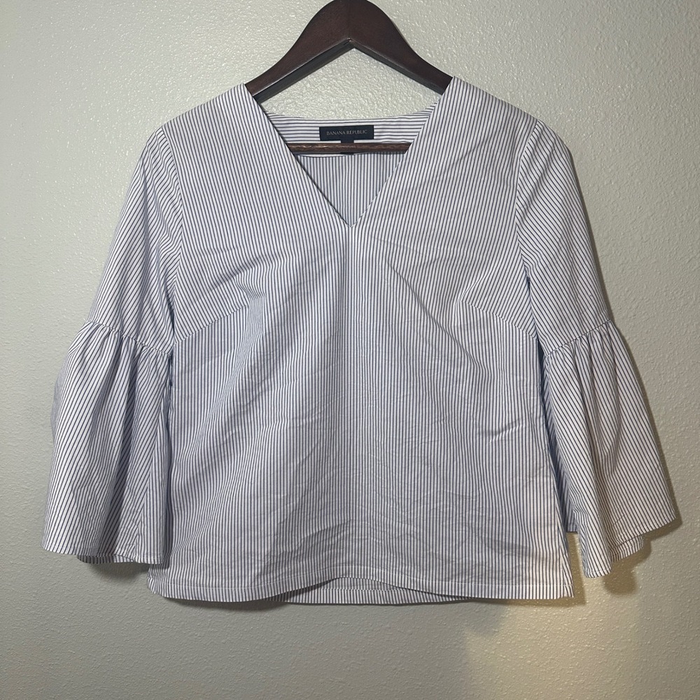 Banana Republic Women Blue White Striped V-Neck Bell Sleeve Blouse XS